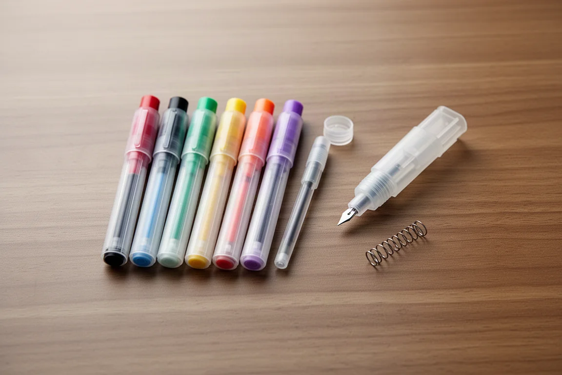 Composizione flat-lay di ricariche per marker e componenti della penna su una scrivania in legno