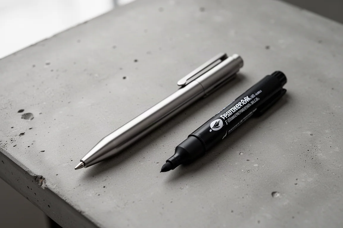 Tytanowy marker obok standardowego Sharpie na betonowym blacie biurka
