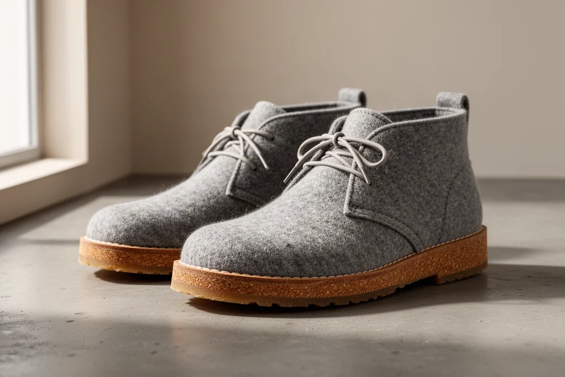 Paar graue Woll-Chukka-Schuhe mit Korksohlen auf einer Betonoberfläche