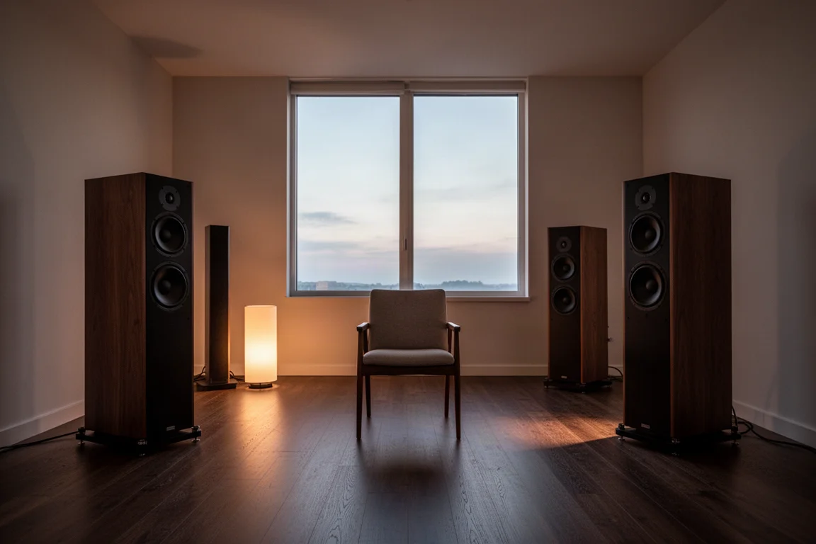 Par de altavoces altos orientados hacia afuera en una sala de escucha minimalista con poca luz