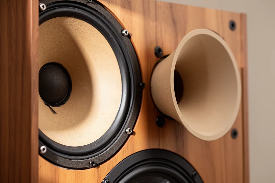 Primer plano de un cono de woofer grande y una guía de ondas de bocina acampanada en el baffle