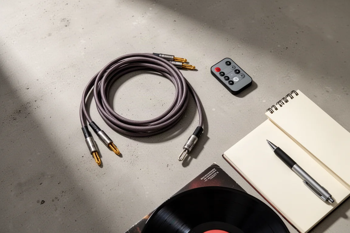 Vista superior plana de cables de altavoz, un control remoto y un cuaderno sobre concreto