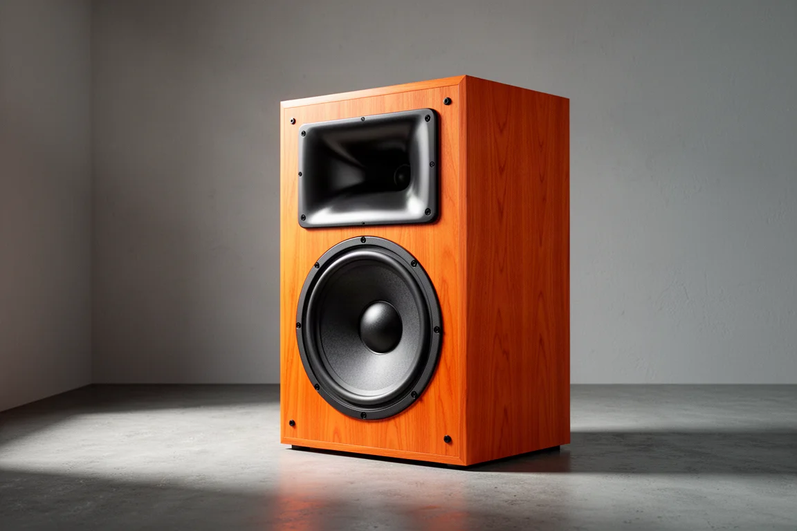 Large orange-toned hi-fi speaker with a horn waveguide in a minimalist listening room