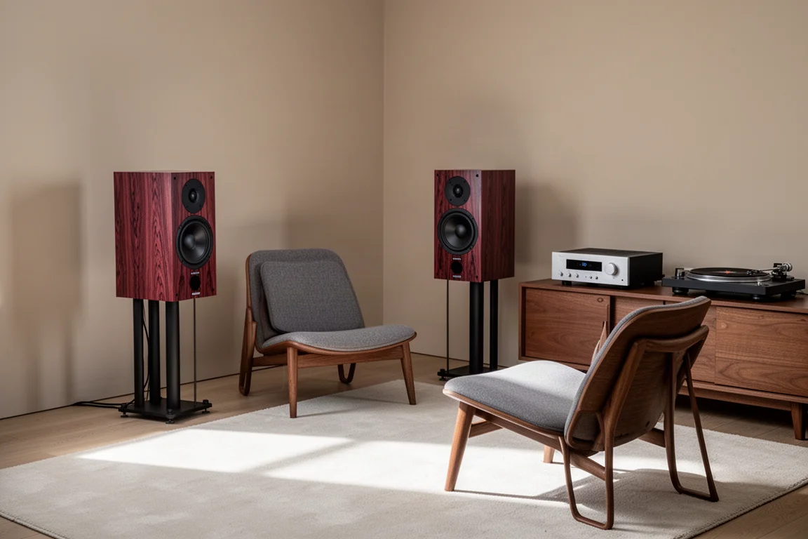 Compact listening room with small rosewood bookshelf speakers on stands
