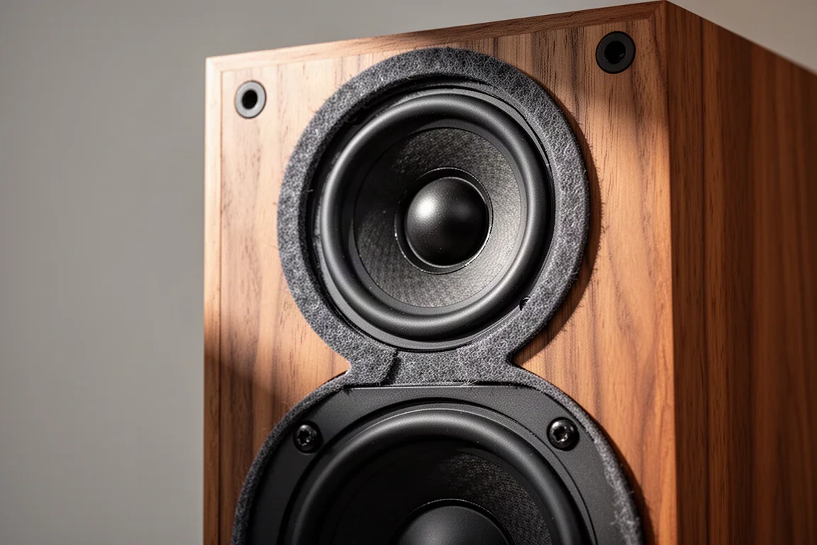Close-up of a small speaker baffle with midwoofer, dome tweeter and felt pads