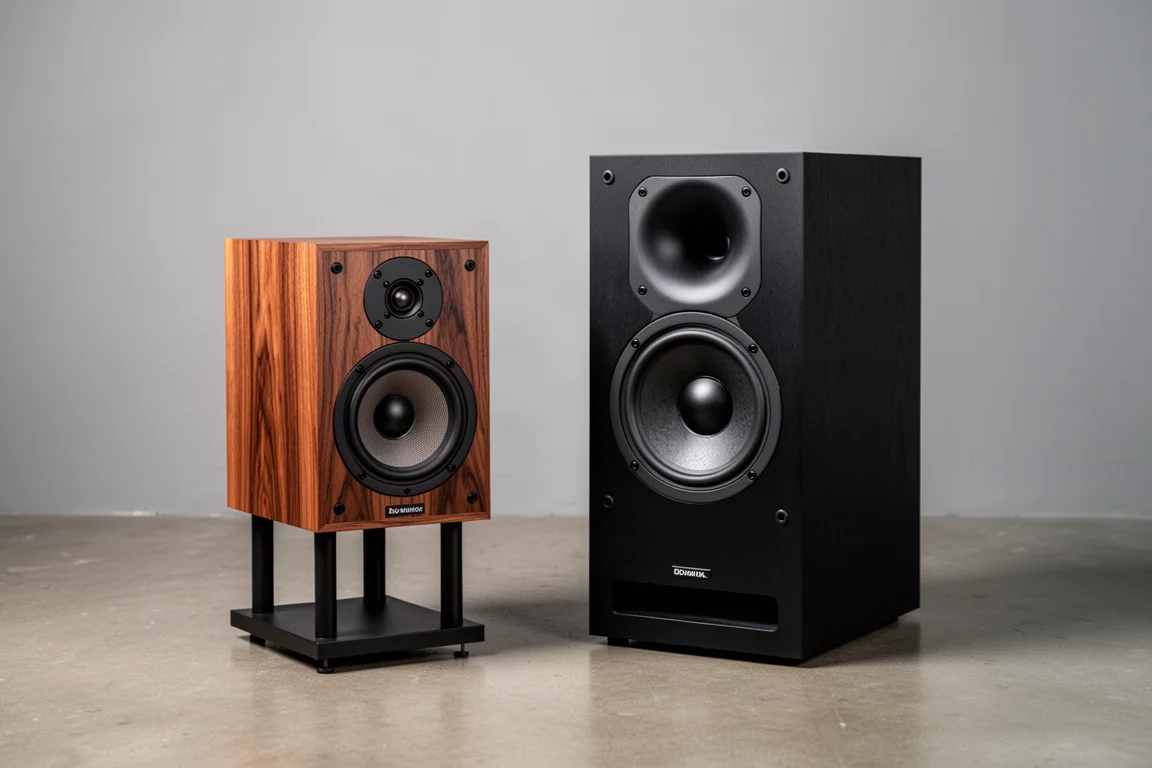 Two pairs of bookshelf speakers side by side for comparison on a concrete floor