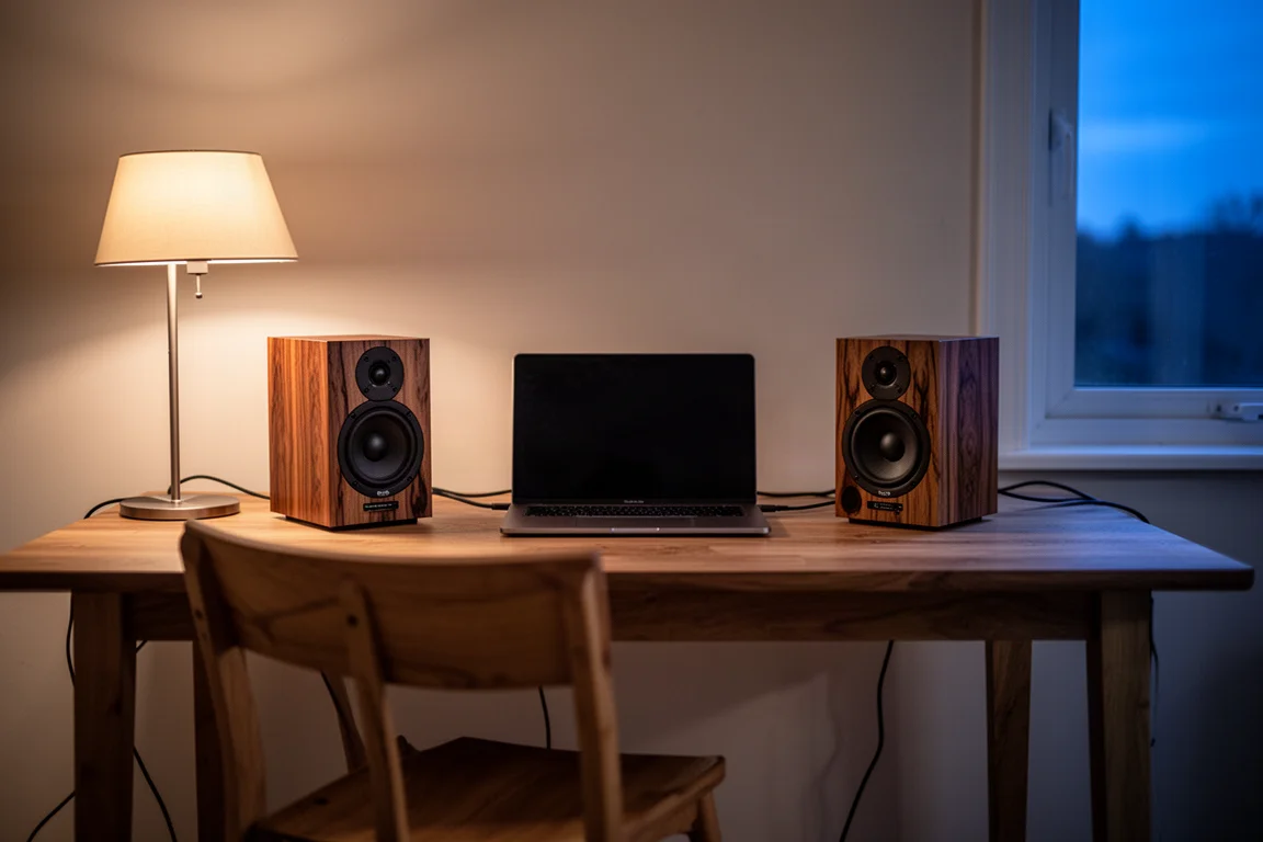 Nearfield desktop setup with small rosewood speakers flanking a laptop