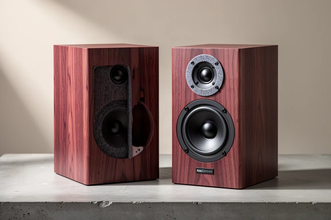 Pair of small rosewood bookshelf speakers on a matte concrete surface