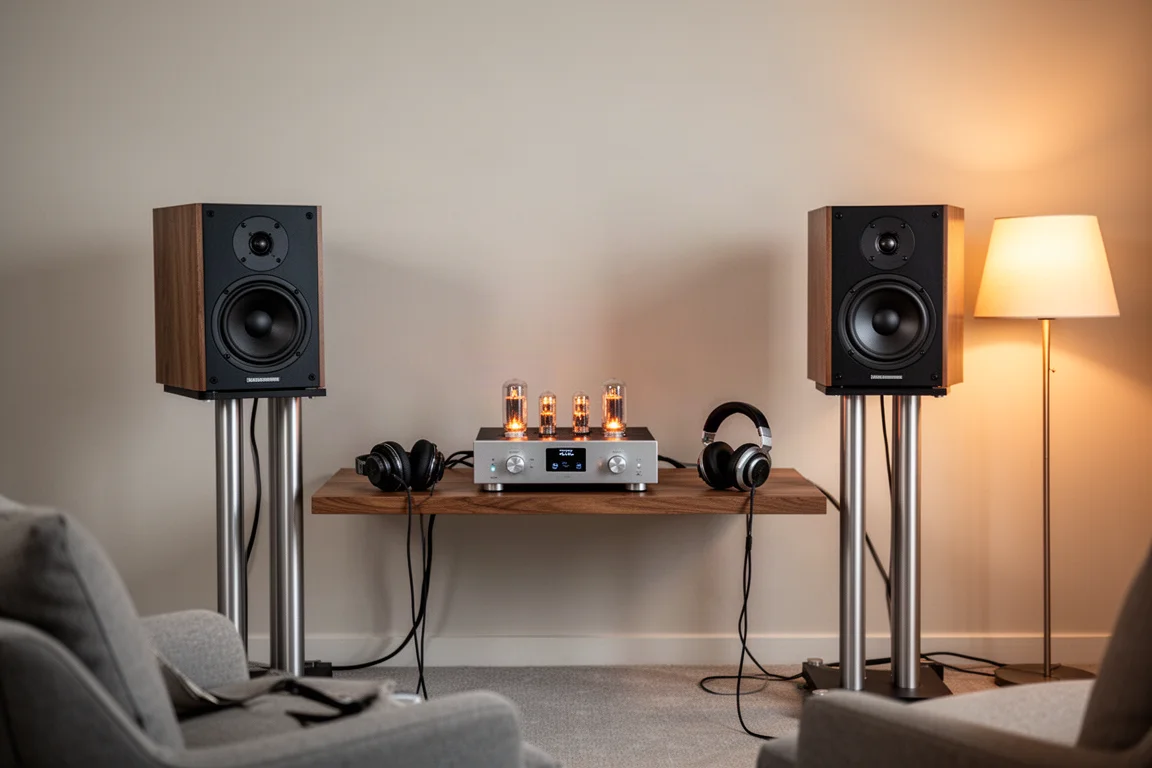 Sittande vy av en hi-fi-anläggning med högtalare, rörförstärkare och hörlurar