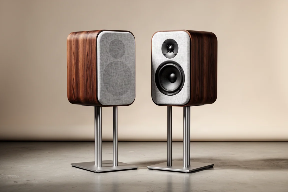 Pair of stand-mount loudspeakers on slim steel stands against a neutral backdrop