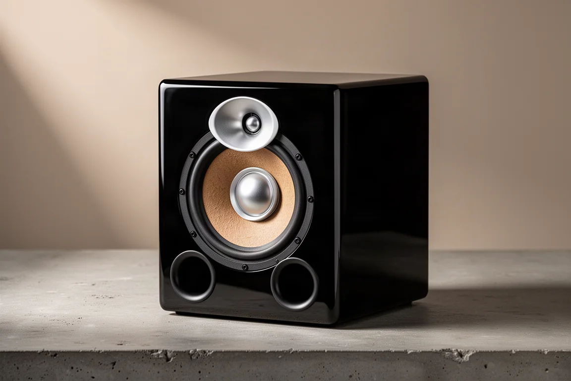 Piano black bookshelf speaker with front ports and a concentric driver on a concrete surface