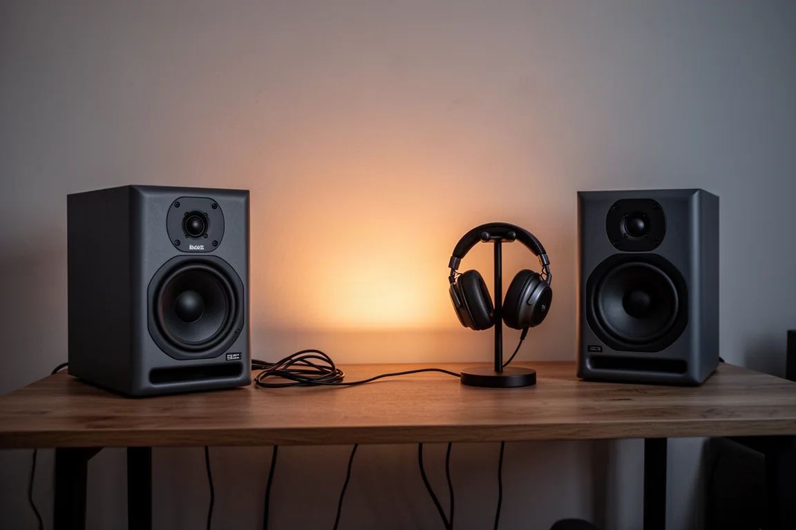 Home studio desk at dusk with monitor speakers and headphones on a stand