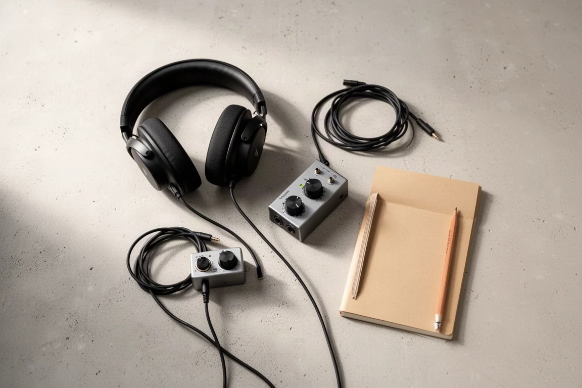 Overhead flat-lay of headphones, audio interface and coiled cable on concrete