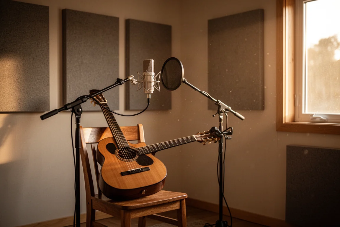 Condenser microphone on a stand aimed at an acoustic guitar in a treated room