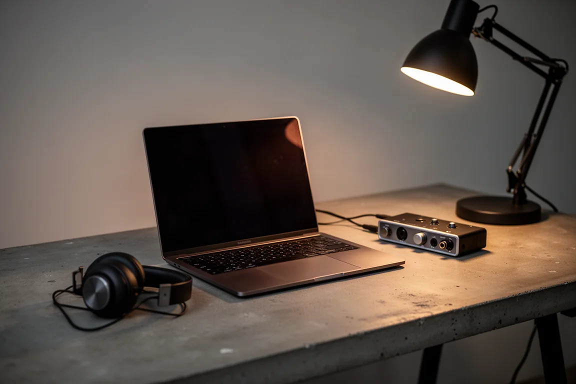 Evening studio desk with laptop, headphones and a warm desk lamp