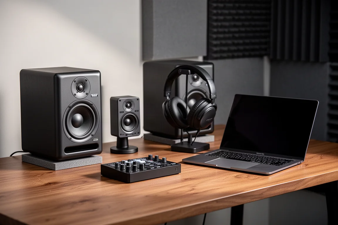 Home studio desk with monitor speakers, MIDI controller, headphones and laptop