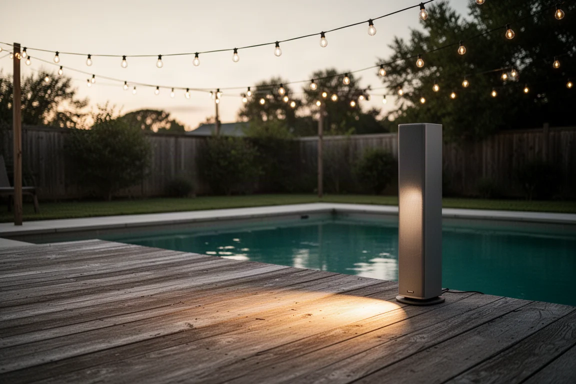 Achtertuinpatio tijdens het gouden uur met een hoge verticale luidspreker naast een zwembad
