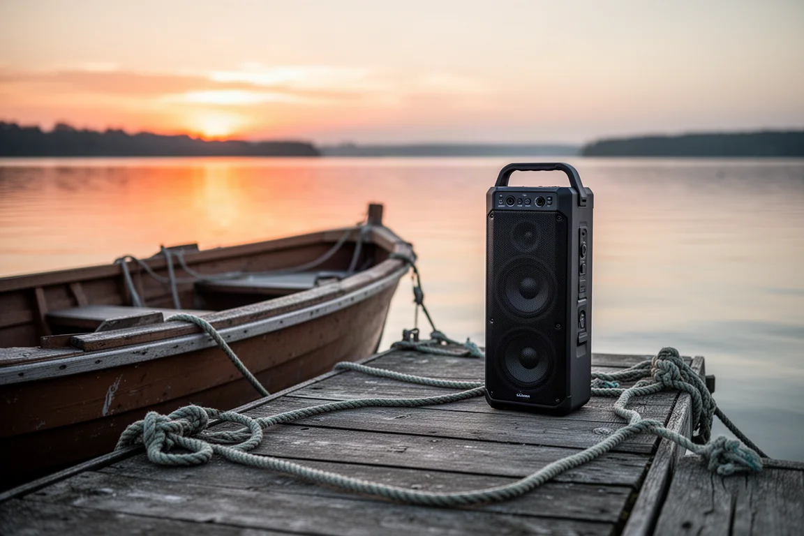 Hoge draagbare luidspreker op een houten bootsteiger bij zonsondergang met rustig water op de achtergrond