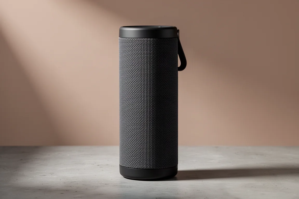 Tall cylindrical portable Bluetooth speaker in dark charcoal standing on a concrete surface