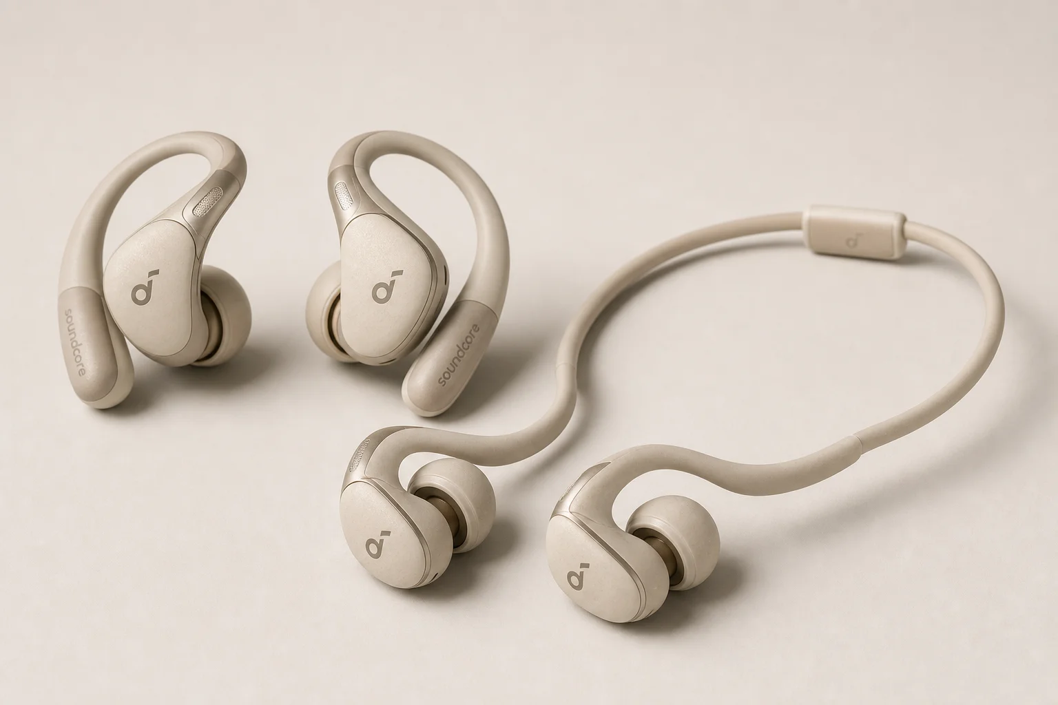 Collection de 12 écouteurs true wireless disposés sur une surface en béton