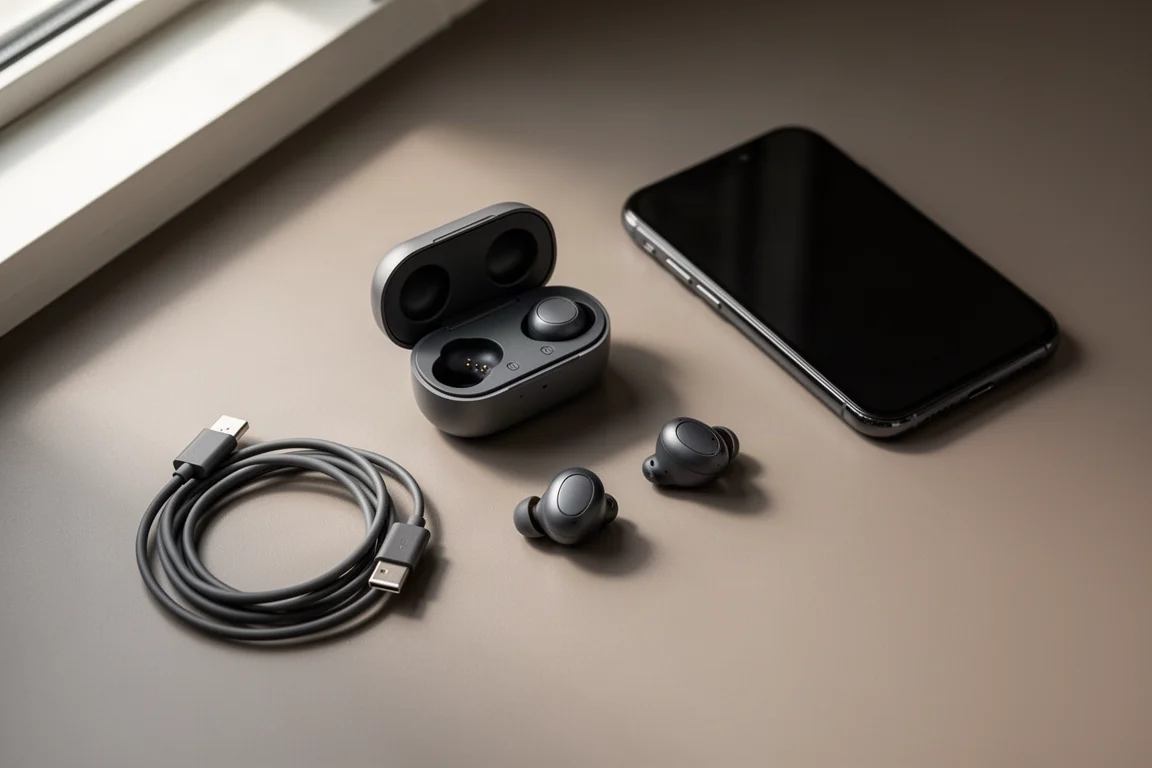Auricolari wireless appoggiati accanto a una custodia di ricarica a scorrimento aperta su una scrivania