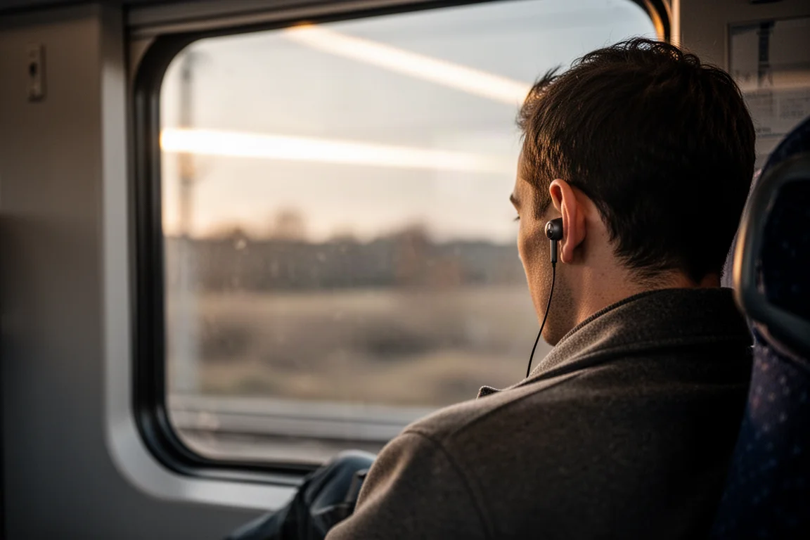 Persona che ascolta musica in treno con gli auricolari inseriti, vista di spalle