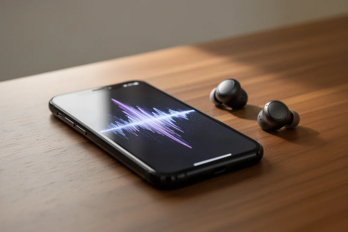 Smartphone che mostra l'interfaccia di una curva di equalizzazione su un tavolo di legno