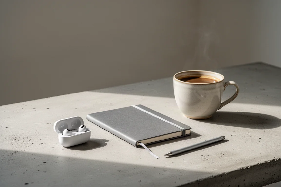 Postazione da scrivania silenziosa con auricolari, quaderno e caffè del mattino in luce soffusa
