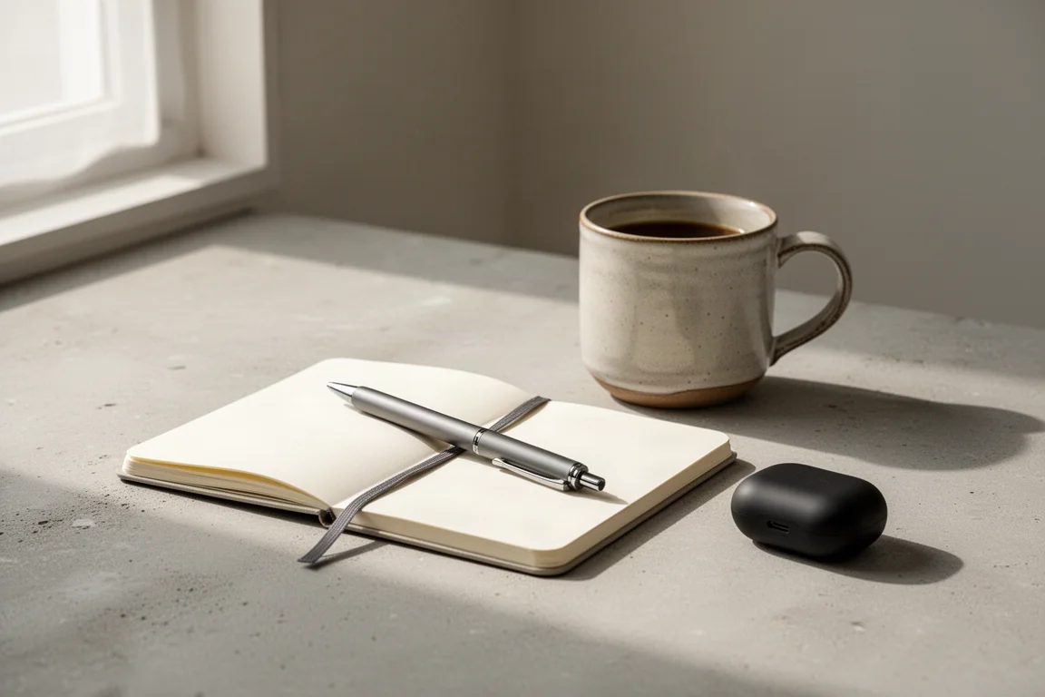 Scena mattutina sulla scrivania con tazza di caffè, quaderno e piccola custodia per auricolari nella luce della finestra
