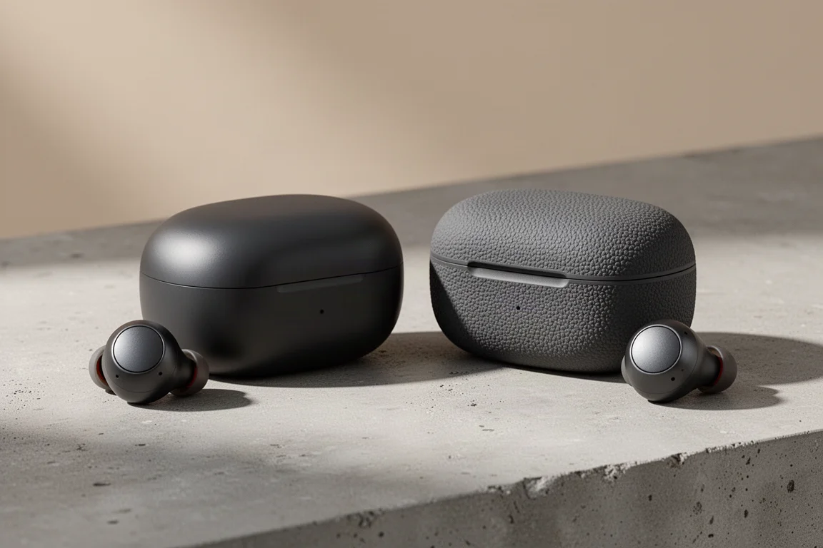 Two pairs of wireless in-ear earbuds with charging cases on a concrete surface