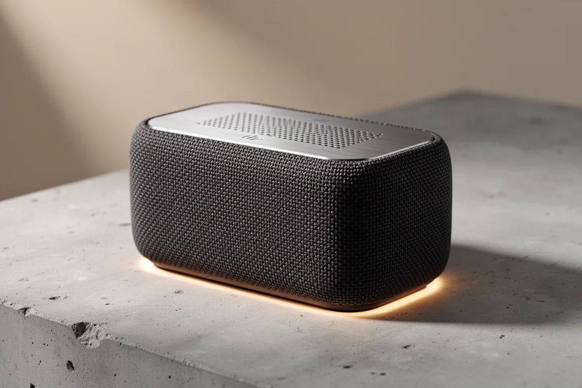 Compact rectangular Bluetooth speaker with a glowing ring on its metal top plate