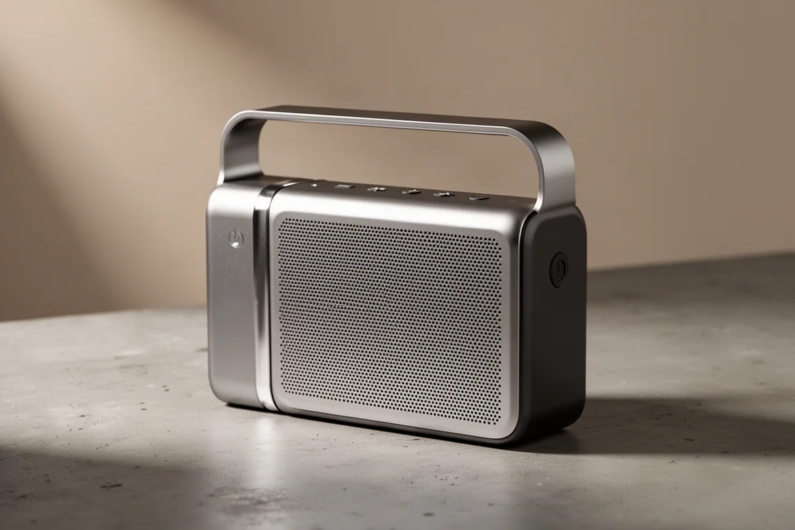 Portable blue stainless steel wireless speaker with aluminum handle on concrete