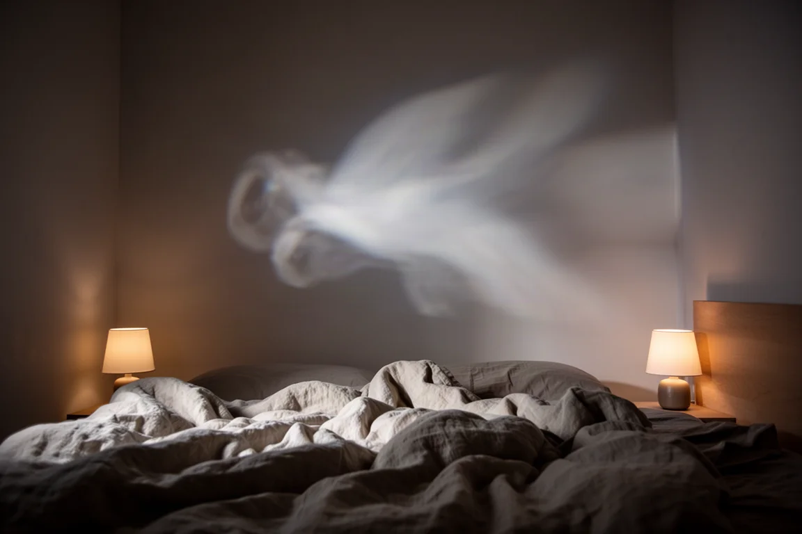 Dim bedroom at night with projected light glowing on the wall