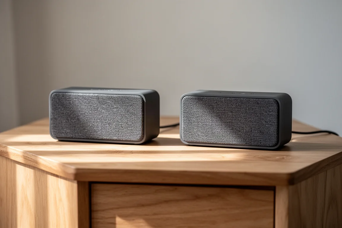 Two small speaker units placed apart on a light oak table