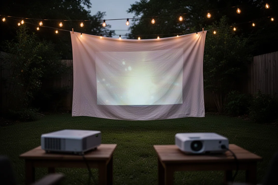 Backyard movie setup at dusk with a bedsheet screen and string lights