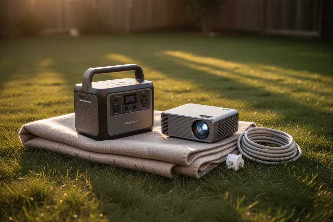 Portable power station and projector on a blanket in a golden hour backyard