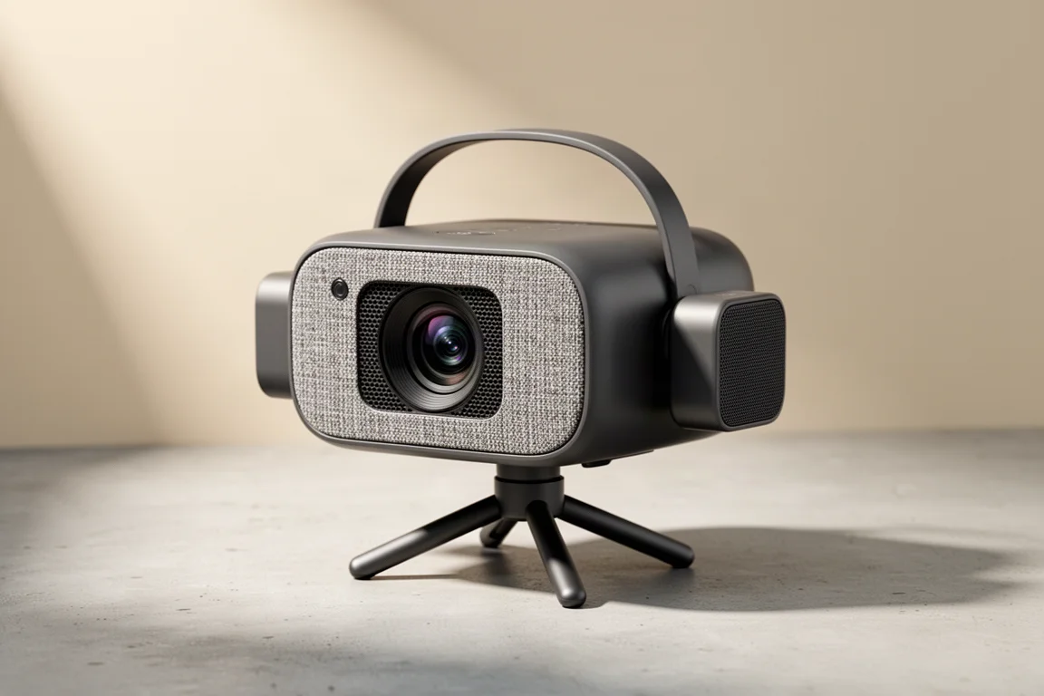 Compact portable projector with two detachable speakers docked on either side