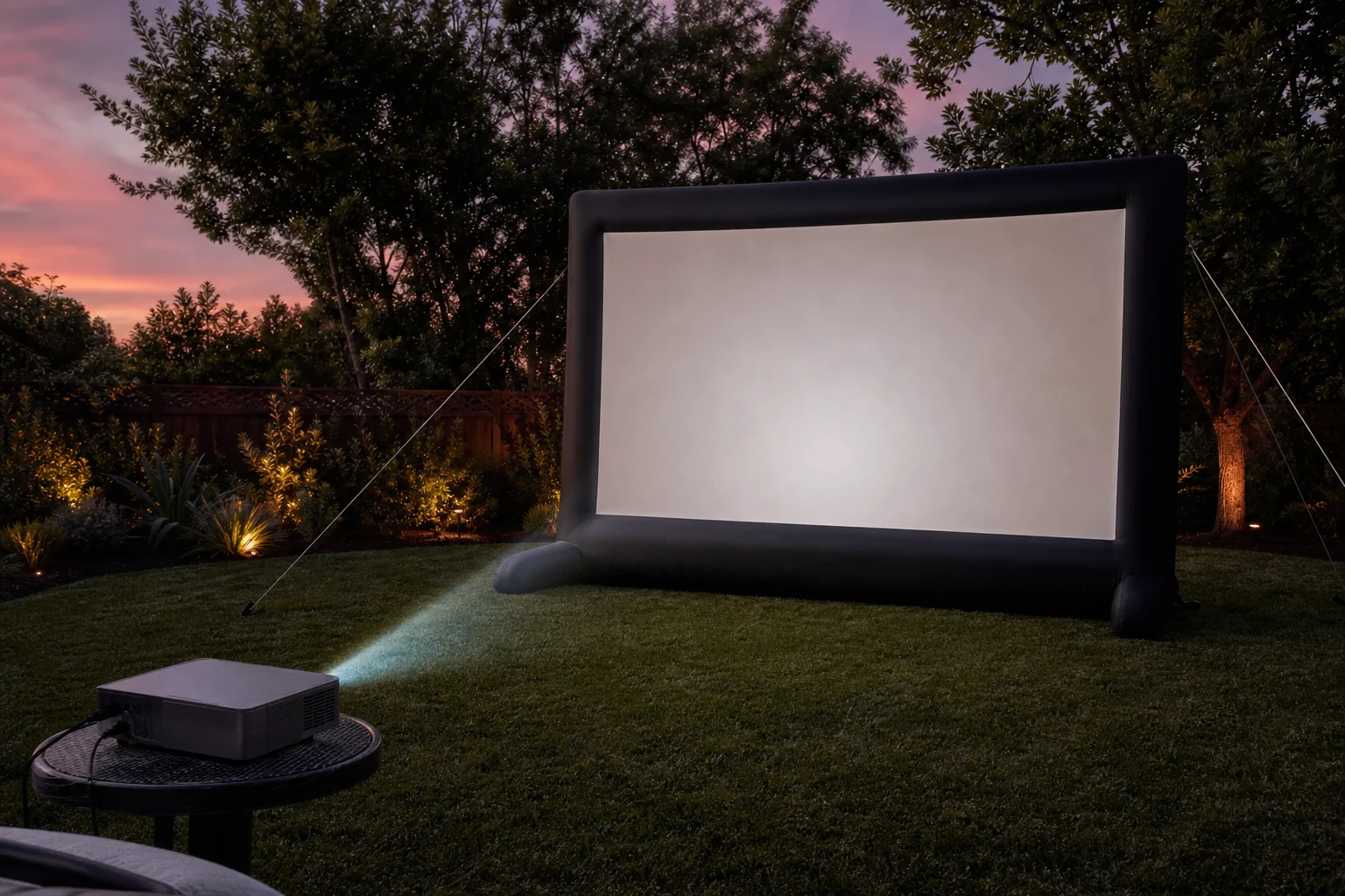 Aufblasbare Outdoor-Kinoleinwand im Garten bei Dämmerung mit Bäumen im Hintergrund