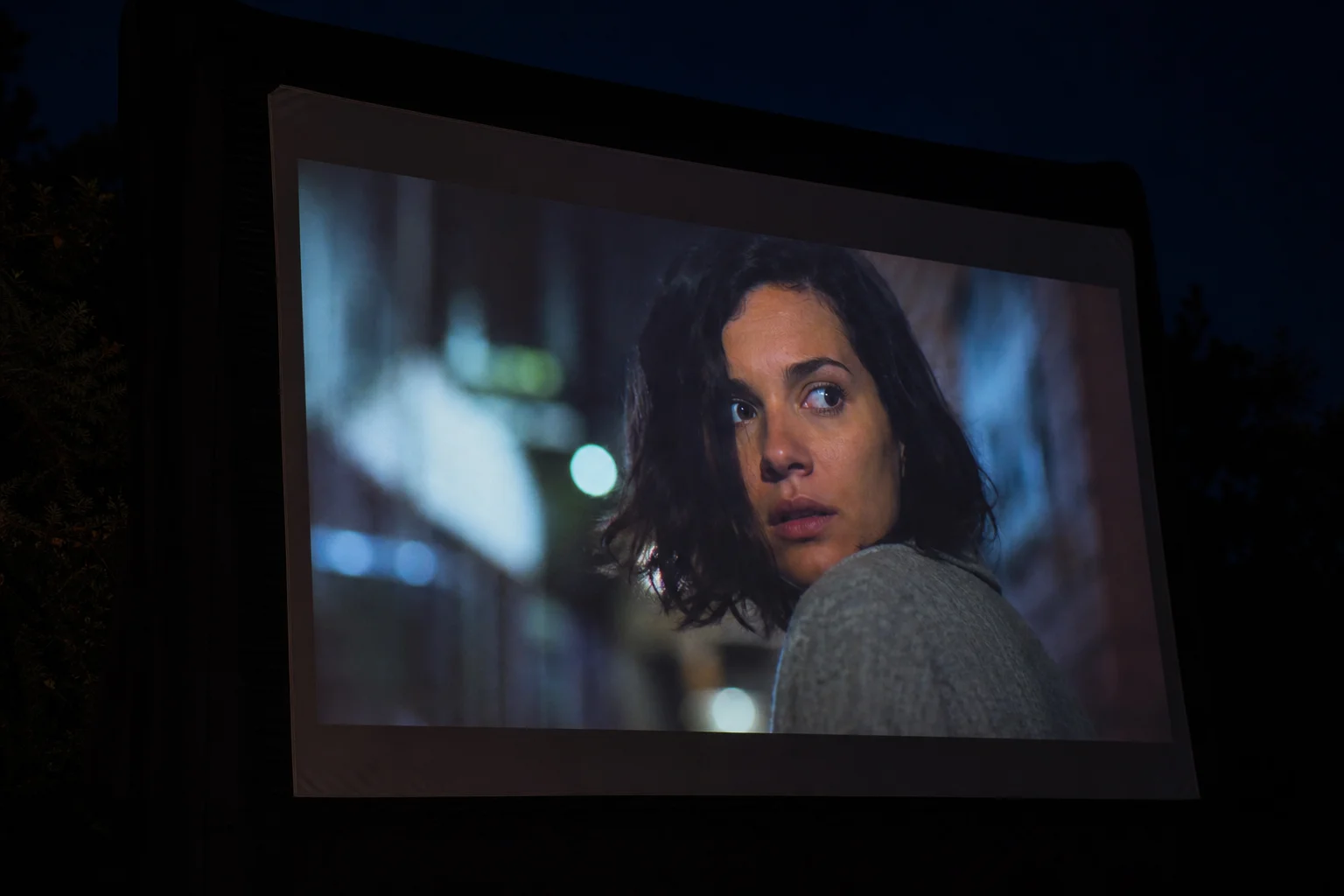 Nahaufnahme eines projizierten 4K-Bildes auf einer Outdoor-Leinwand mit lebendigen Farben