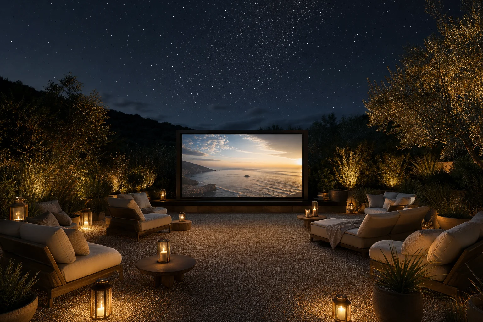 Outdoor-Sitzbereich vor einer Kinoleinwand mit stimmungsvoller Beleuchtung bei Nacht