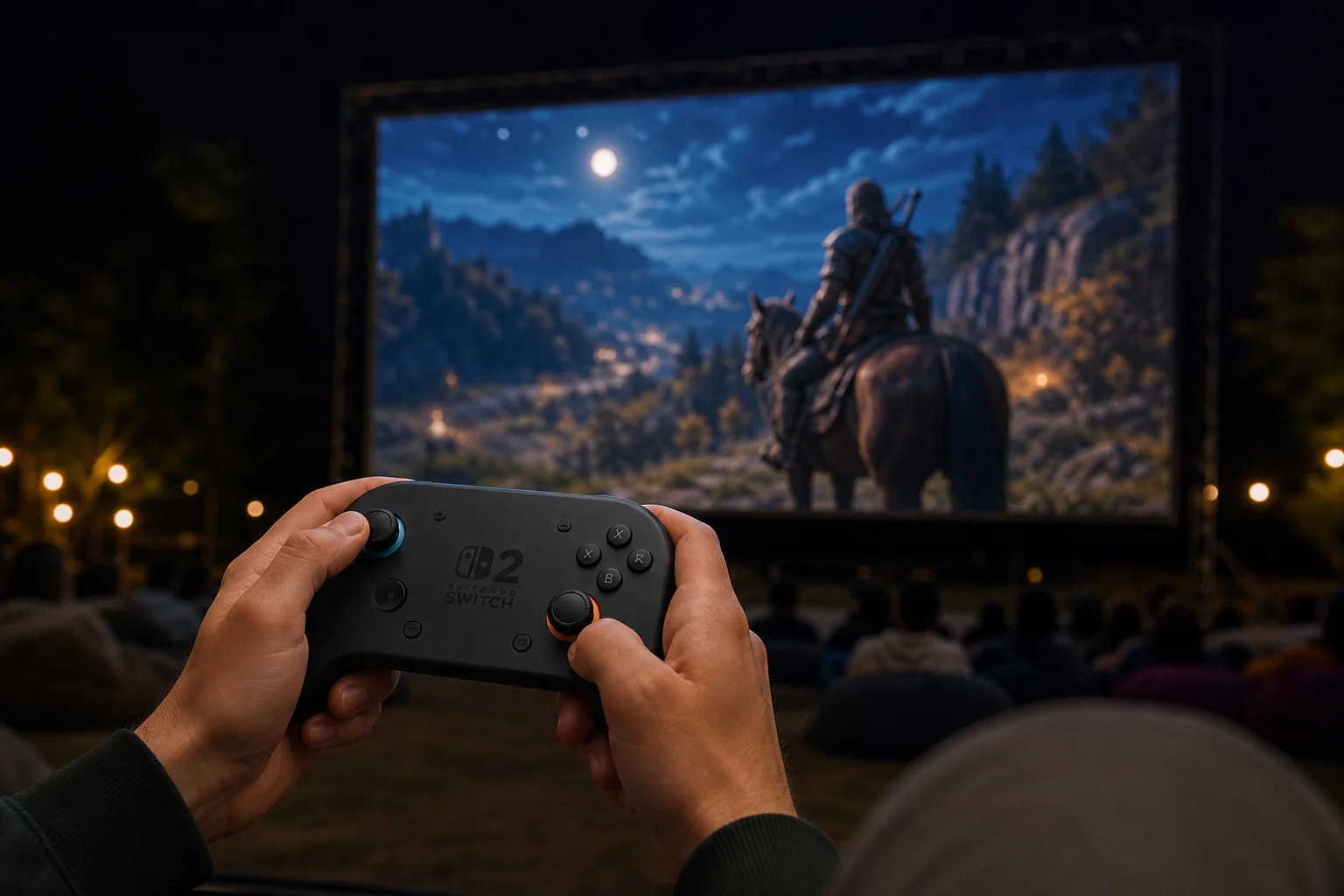 Nintendo Switch 2 Controller vor der großen Outdoor-Projektionsleinwand gehalten