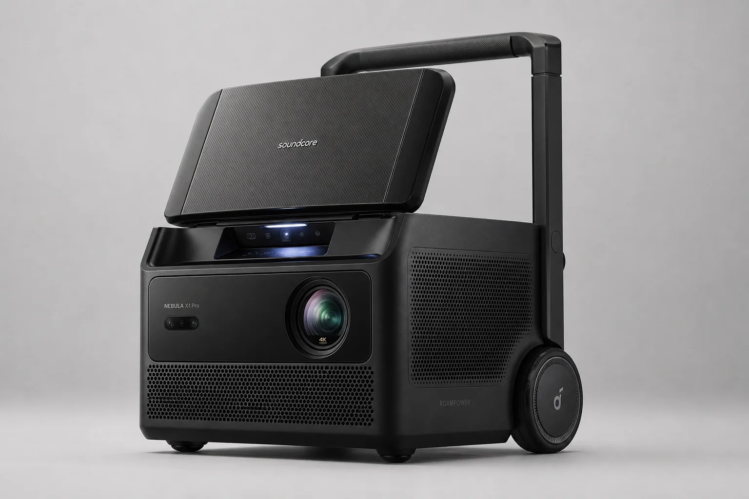 グレーの背景に置かれた、蓋を開いた状態のSoundcore Nebula X1 Proプロジェクター本体と内蔵ホイール