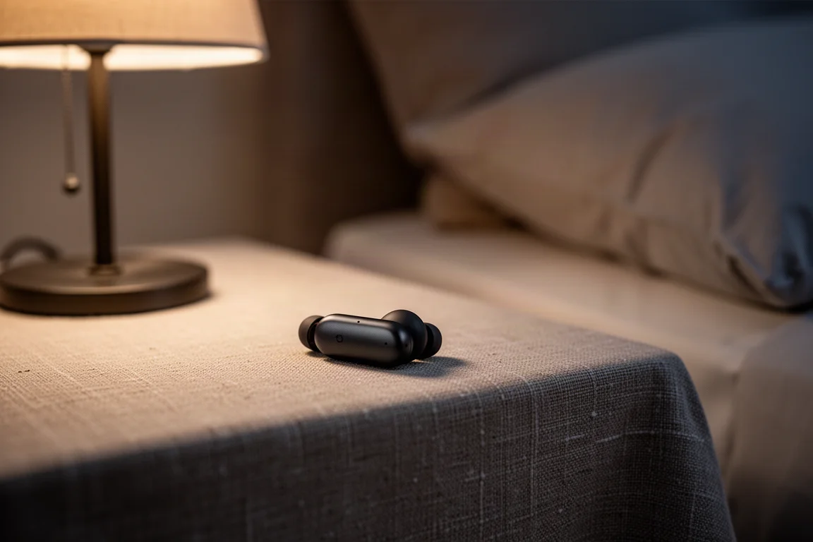 Kleiner Schlaf-Ohrhörer nachts auf einem Nachttisch neben einer Lampe