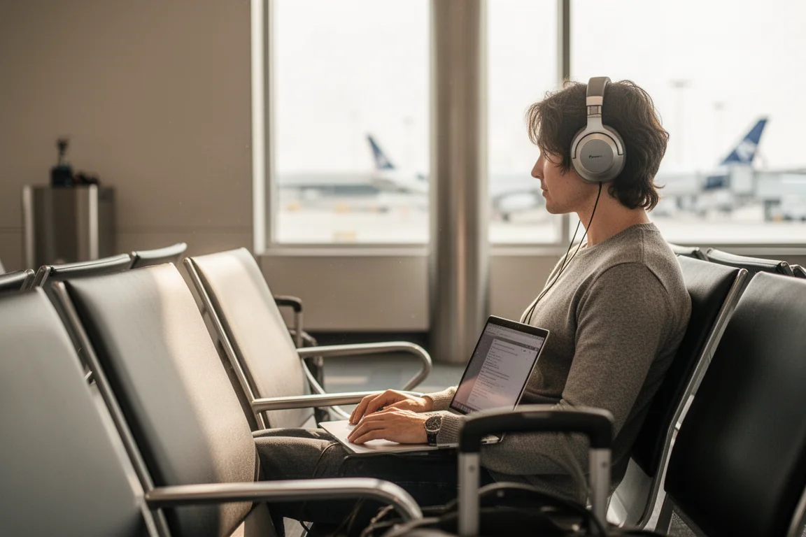 Traveler wearing over-ear headphones while waiting at an airport gate