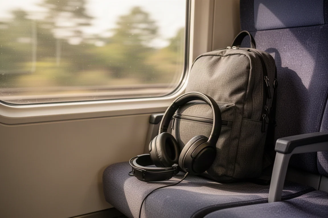 Over-ear headphones resting on a train seat with luggage in the background