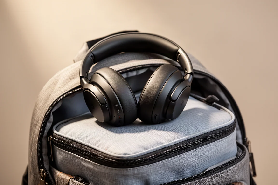 Close-up of headphone controls and folding ear cups packed into a backpack