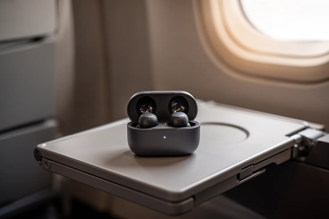 Wireless earbuds case open on an airplane armrest tray