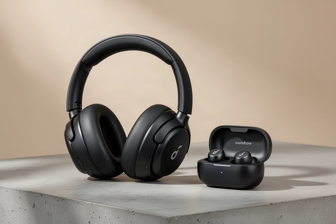 Cuffie over-ear e custodia di earbuds wireless affiancate su una superficie in cemento