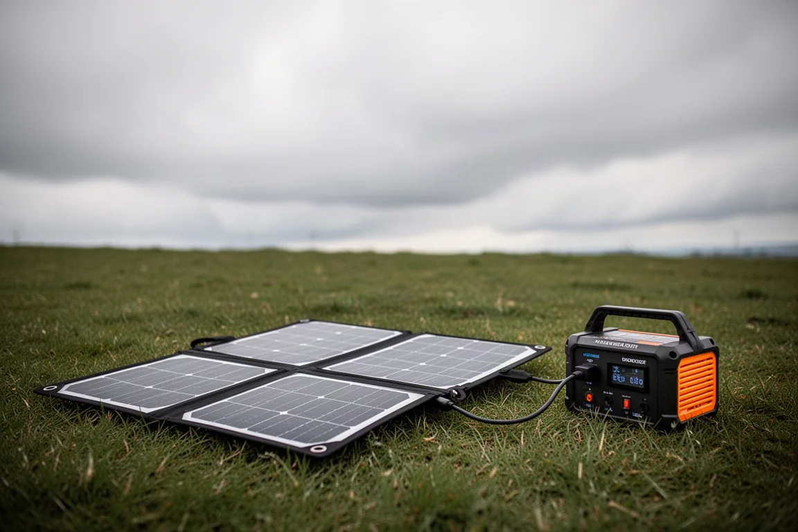 Kompaktes Solarmodul lädt einen tragbaren Inverter unter bewölktem Himmel