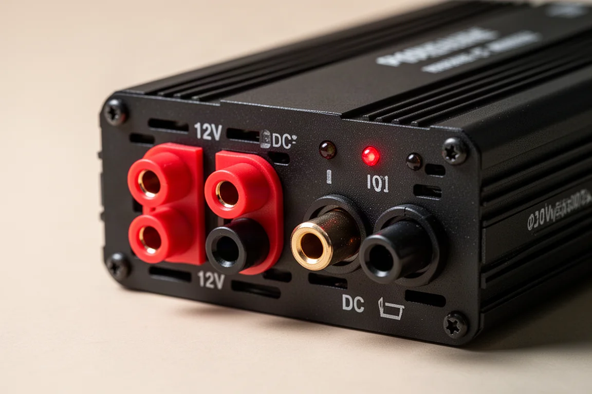 Nahaufnahme der 12V-Bananenbuchsen-Ausgänge an der Frontseite eines tragbaren Inverters